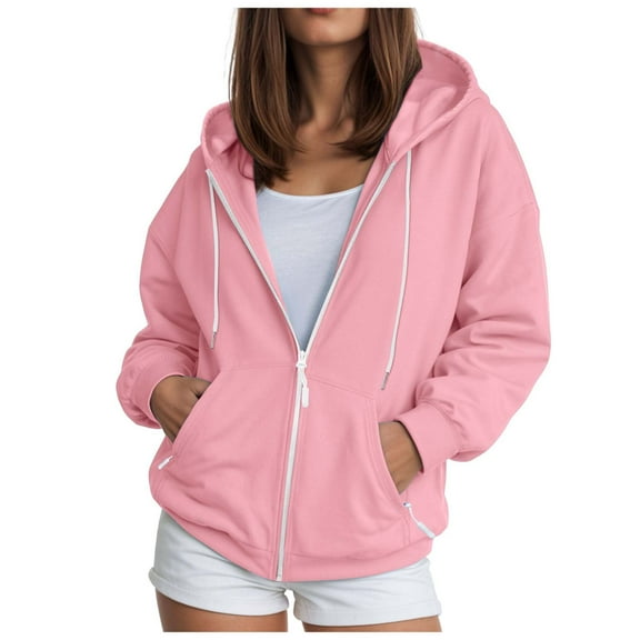 Xudanell Women Sweat Jacket with Hood Women Oversize Zip Sports Jacket Sweatshirt Jacket Lightweight Hoodies Pink XL