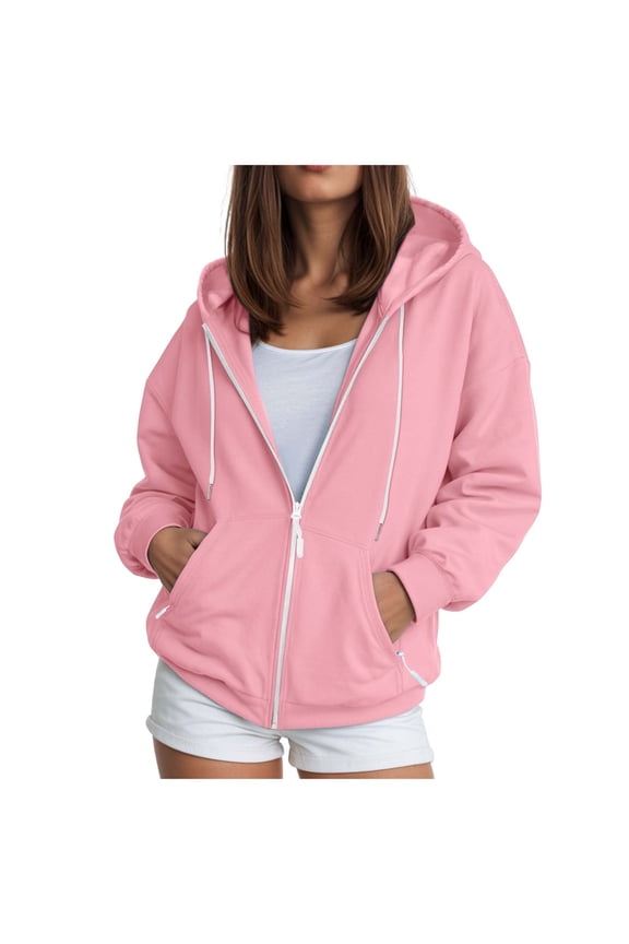 Women Sweat Jacket with Hood Women Oversize Zip Sports Jacket Sweatshirt Jacket Lightweight Hoodies Pink XL