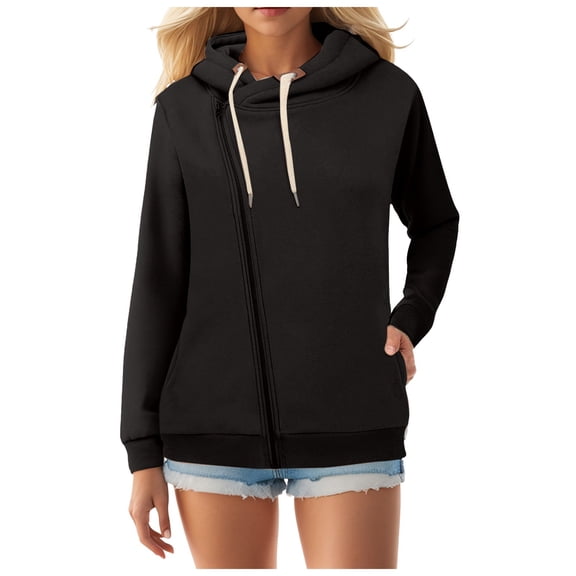 Xudanell Women Sweatshirt Ladies Solid Color Long Slim Fit Hoodie Beveled Zipper Womens Sweaters Hoodies Black XXL