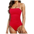 thumbnail image 1 of Xudanell Women V Neck One Piece Swimsuit Halter Backless Ruched Tummy Control Bathing Suit Sexy Summer Swimwear (XXL,Red), 1 of 5