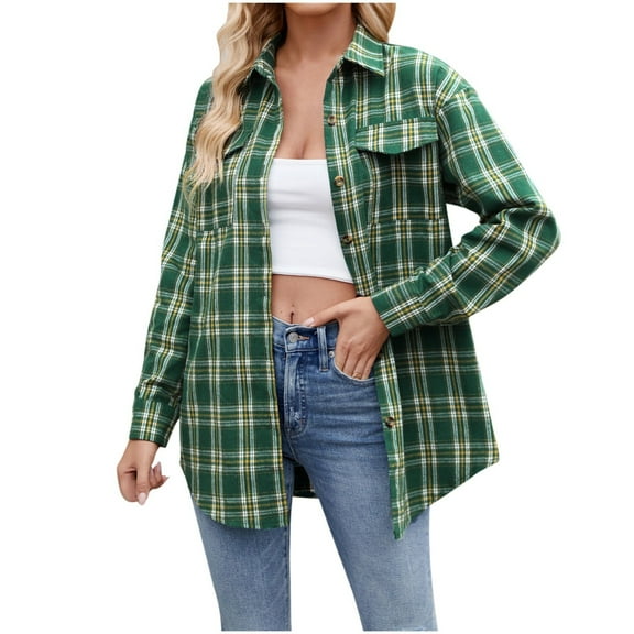 Xudanell Women's Casual Plaid Flannel Tartan Shirt Long Sleeve Button Checked Shacket Jacket (GN2,M)