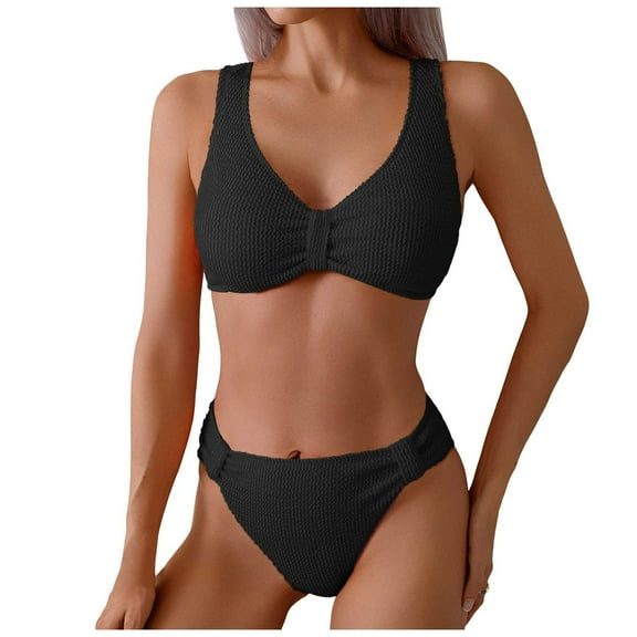 Xudanell Women High Waisted Thong Bikini Set Reversible String Deep V Neck 2 Piece Swimsuit Summer Sexy Swimwear (Black,S)