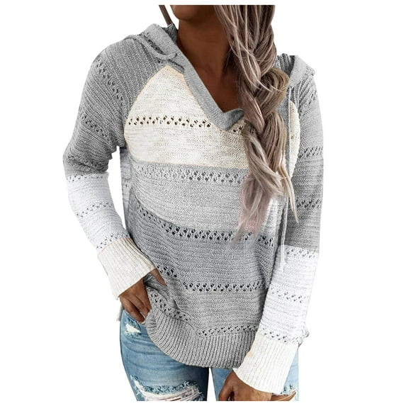 Xudanell Women's Sweaters Color Block Knit Pullovers Long-Style Fall Hoodies Sweaters for Women Trendy Light Gray L