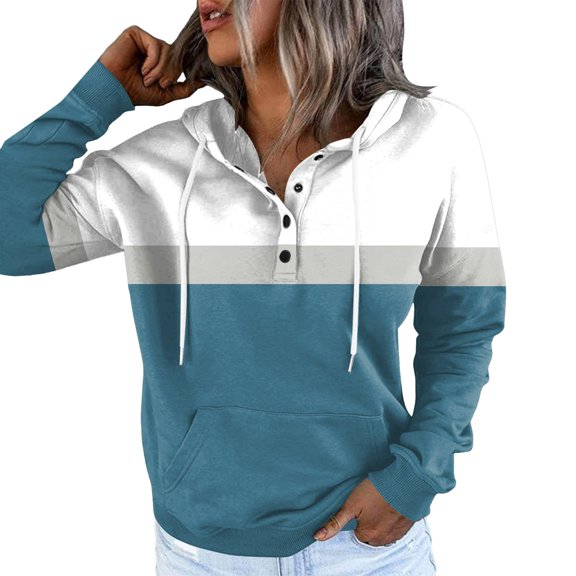 Xudanell Women's Sweatshirts Button Casual Stitching Hoodie Drawstring Sweatshirt Printed Long Sleeve Pocket Blue L