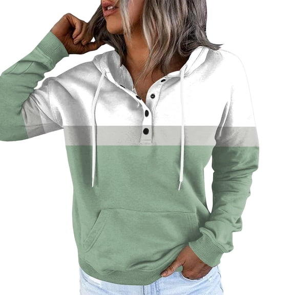 Xudanell Women's Sweatshirts Button Casual Stitching Hoodie Drawstring Sweatshirt Printed Long Sleeve Pocket Mint Green L