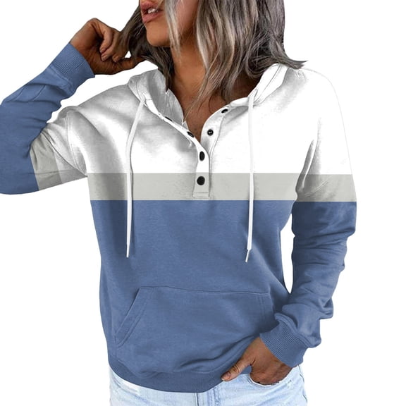 Xudanell Women's Sweatshirts Button Casual Stitching Hoodie Drawstring Sweatshirt Printed Long Sleeve Pocket Navy XXL