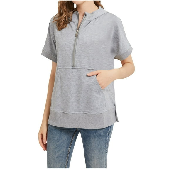 Xudanell Womens Clothes Fashion Half Zip Hoodie Short Sleeve Pocket Oversized Comfort Colors Sweatshirt Top Grey M