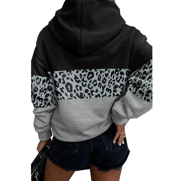 Xudanell Womens Color Block Sweatshirt Leopard Print Womens Sweatshirt Pullover Hoodie Trendy Casual Tops Light Gray L