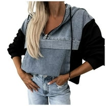 Xudanell Womens Denim Jacket Fashion Shacket Drawstring Lightweight Sweatshirts for Women Half Zip Hoodie Patchwork Jean Jacket Black XXL