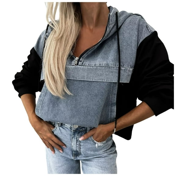 Xudanell Womens Denim Jacket Fashion Shacket Drawstring Lightweight Sweatshirts for Women Half Zip Hoodie Patchwork Jean Jacket Black XXL