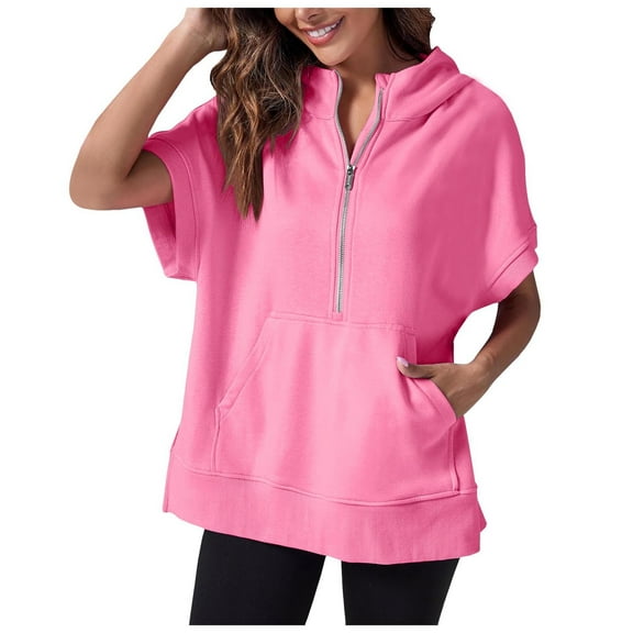 Xudanell Womens Half Zip Hoodies Solid Color Sweatshirt Tops Oversized Short Sleeve Casual Pullover Pink M