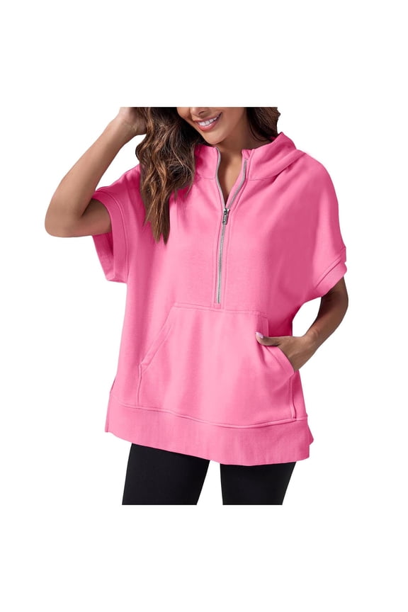 Womens Half Zip Hoodies Solid Color Sweatshirt Tops Oversized Short Sleeve Casual Pullover Pink XXL