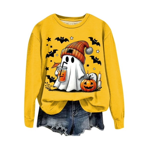 Xudanell Womens Halloween Sweatshirt Printing Pullover Crew Neck Sweatshirts for Teen Girls Fashion Fall Blouse for Women Yellow XL