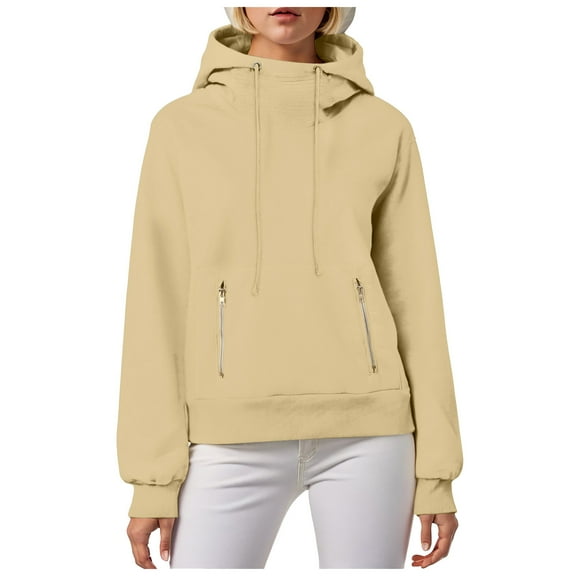 Xudanell Womens Hoodie Cowl Neck Long Sleeve Sweatshirts Fashion Pullover with Drawstring Teen Girls Clothes Khaki M