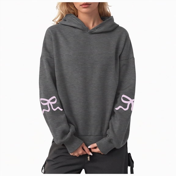 Xudanell Womens Hoodie Fall Graphic Sweatshirt Clothes for Women Bow Trendy Sweatshirts Hooded Long Sleeve Dark Gray S