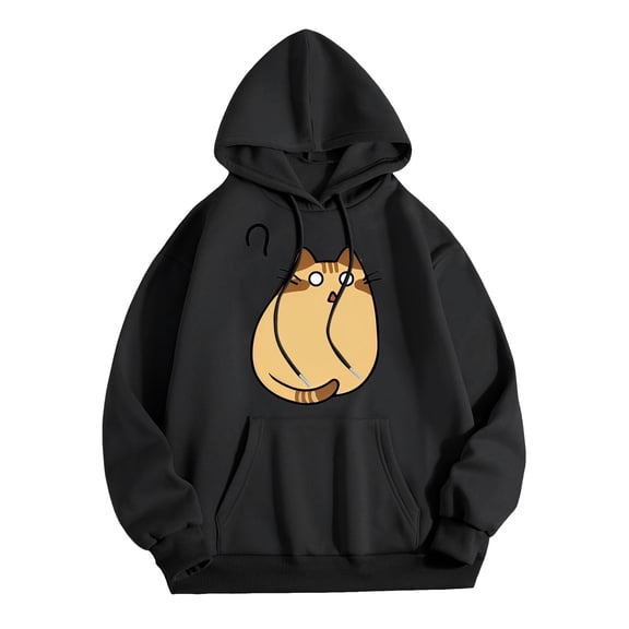 Xudanell Womens Hoodie Long Sleeve Pullover Doubtful Little Cat Printed Hoodie Solid Fall Clothes for Women Black S