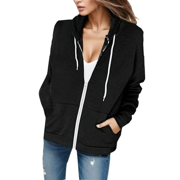 Xudanell Womens Hoodies Zip up Solid Color Workout Jackets Long Sleeve Plus Size Blouses Womens Sweatshirt Black XXL