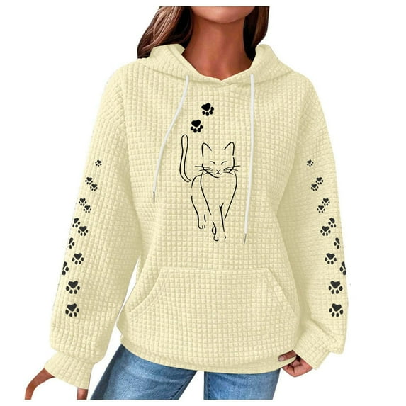 Xudanell Womens Long Sleeve Hoodie Sweatshirt Cat Paw Printed Cute Casual Gym Clothes for Woman Pullover Activewear Light Yellow XXXXXL