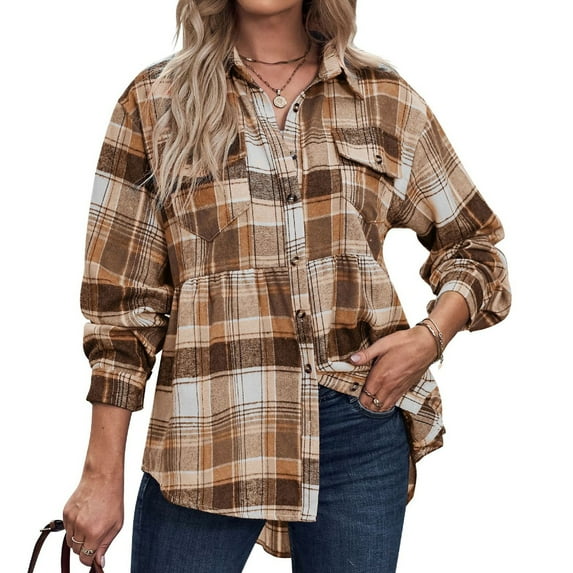 Xudanell Womens Oversized Flannel Plaid Shirts Long Sleeve Casual Collared Button Shirt Loose Blouse Top (Khaki,XXL)