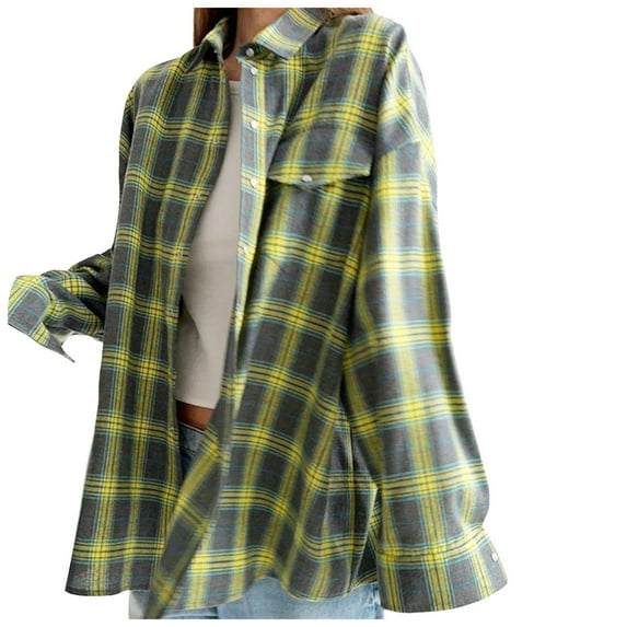 Xudanell Womens Plaid Shacket Jacket Fashion Button Shirt Jacket Loose Long Sleeve Tops (Green,XL)