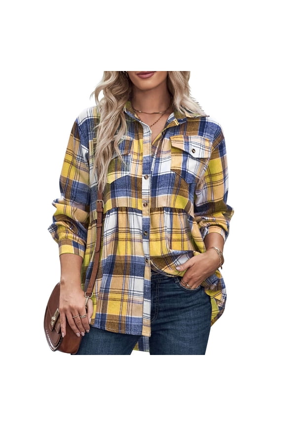 Womens Plaid Shacket Jacket Flannel Button Fashion Shirts Winter Coats with Pockets (Yellow,M)