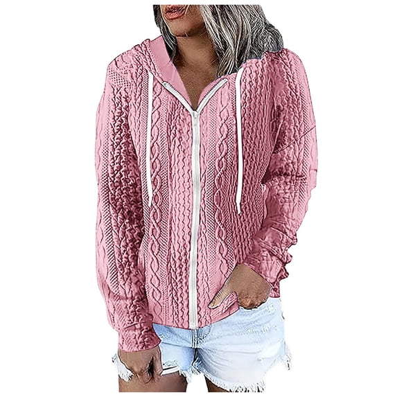 Xudanell Zip up Hoodie Women Solid Color Simple Oversized Sweatshirt Woven Texture Hoodie Sweater Pink XXXL