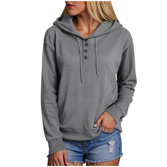 Xudanell Womens Sweatshirt Solid Color Fashion Clothes for Women V Neck Cute Hoodies Front Pockets Sweatshirt