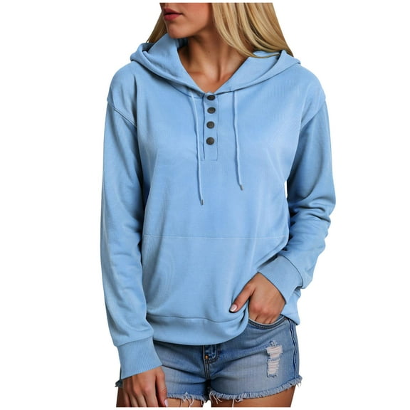 Xudanell Womens Sweatshirt Solid Color Fashion Clothes for Women V Neck Cute Hoodies Front Pockets Sweatshirt
