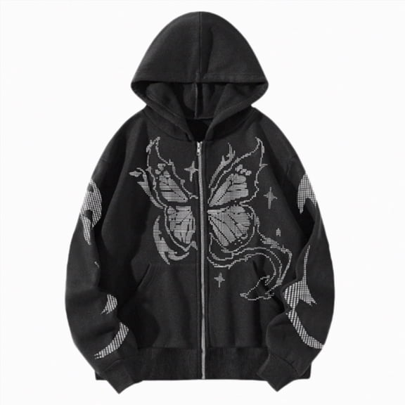 Xudanell Womens Sweatshirt Zip up Hoodie Women Butterfly Print Thermal Hoodie with Drawstring Long Sleeve Fall Clothes