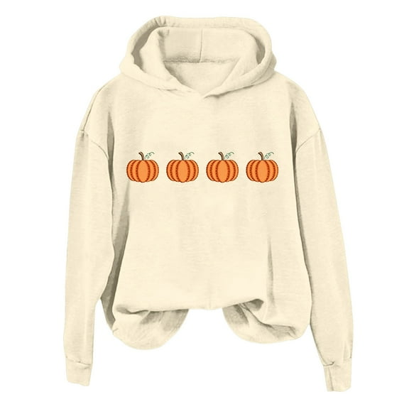 Xudanell Womens Sweatshirts Thanksgiving Pumpkin Print Sweatshirt Fleece Lined Short Pile Christmas Casual Pullover for Fall and Winter Beige M