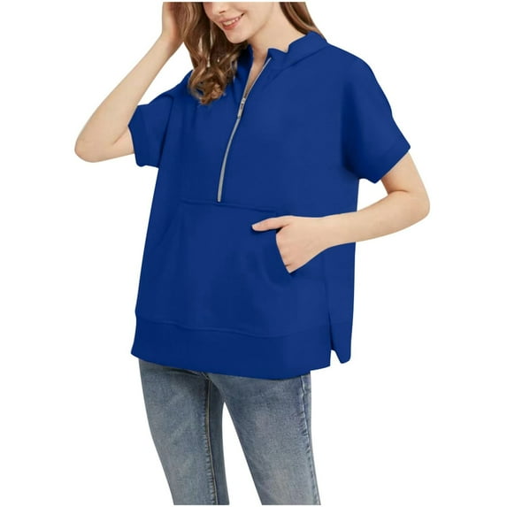 Xudanell Womens Tops Hoodie Casual Short Sleeve Solid Color Fashion Pullover Fall Women Blouses Blue S
