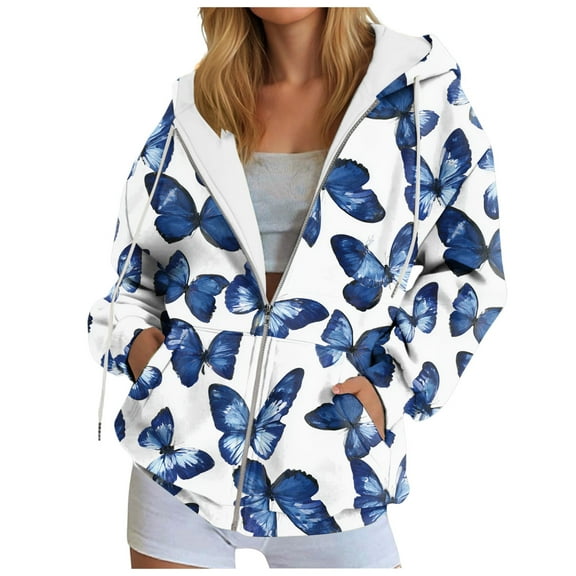 Xudanell Womens Zip up Hoodies Butterfly Print Womens Sweatshirt Clothes Winter Jackets with Zipper Everyday
