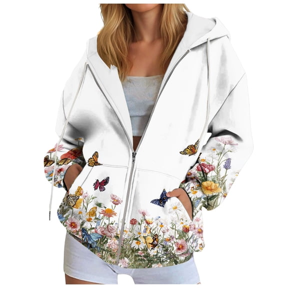 Xudanell Womens Zip up Hoodies Butterfly Print Womens Sweatshirt Clothes Winter Jackets with Zipper Everyday