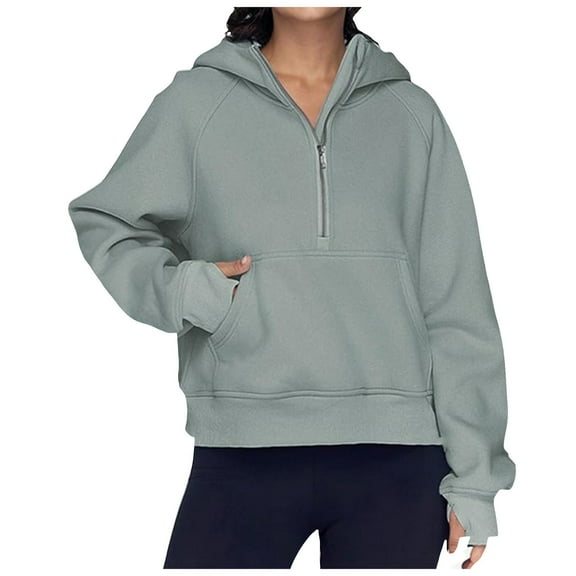Xudanell Womens Zip up Hoodies Cropped Hooded Style Womens Quarter Zip Sweatshirt Grey L