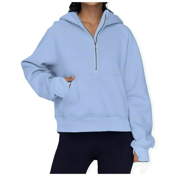 Xudanell Womens Zip up Hoodies Cropped Hooded Style Womens Quarter Zip Sweatshirt Sky Blue M