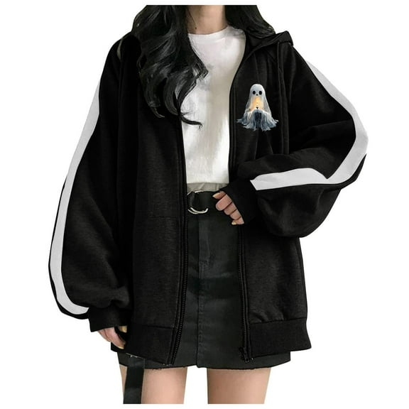 Xudanell Zip up Hoodie Halloween Print White Sweatshirt Zipper Closure Pullover Hoodie Jackets for Women Trendy Black S