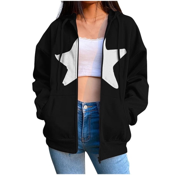 Xudanell Zip up Hoodie Women Baggy Sweatshirts Solid Color Stars Hoodies Plus Size Gym Clothes for Women Black M