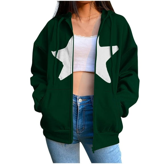 Xudanell Zip up Hoodie Women Baggy Sweatshirts Solid Color Stars Hoodies Plus Size Gym Clothes for Women Dark Green M