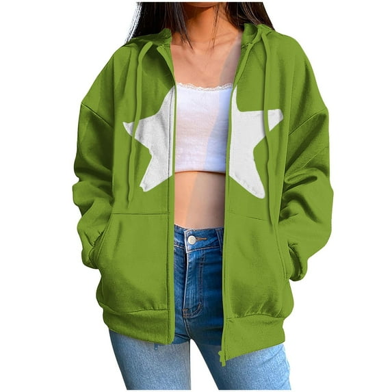 Xudanell Zip up Hoodie Women Baggy Sweatshirts Solid Color Stars Hoodies Plus Size Gym Clothes for Women Green XXL