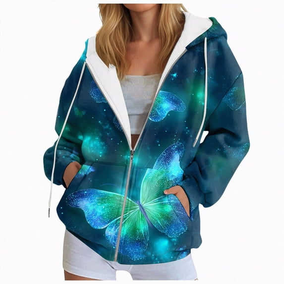 Xudanell Zip up Hoodie Women Graphic Hoodies Womens Zip up Sweatshirt Butterfly Print Long Sleeve Top