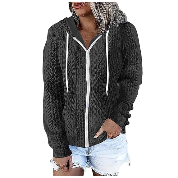 Xudanell Zip up Hoodie Women Solid Color Simple Oversized Sweatshirt Woven Texture Hoodie Sweater Grey XXL