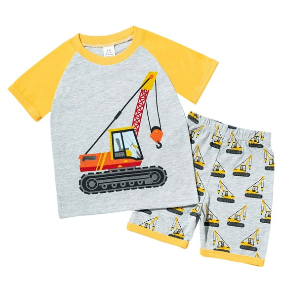 Xudanell Toddler Baby Boy Girls Golf Outfit Cartoon Print T Shirts Top Plaid Elastic Shorts Set 2Pcs Birthday Dinosaur Summer Set kids Casual Elastic Shorts 2Pcs Pajamas Set