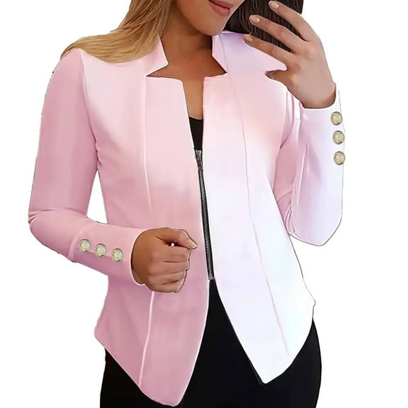 Xuemjiao Blazers for Women Business Casual Women's Autumn Solid Color Zippered Cuffs Button Suit Jacket Womens Blazers Dressy Casual Chaquetas De Mujer Elegantes (Pink1,L)