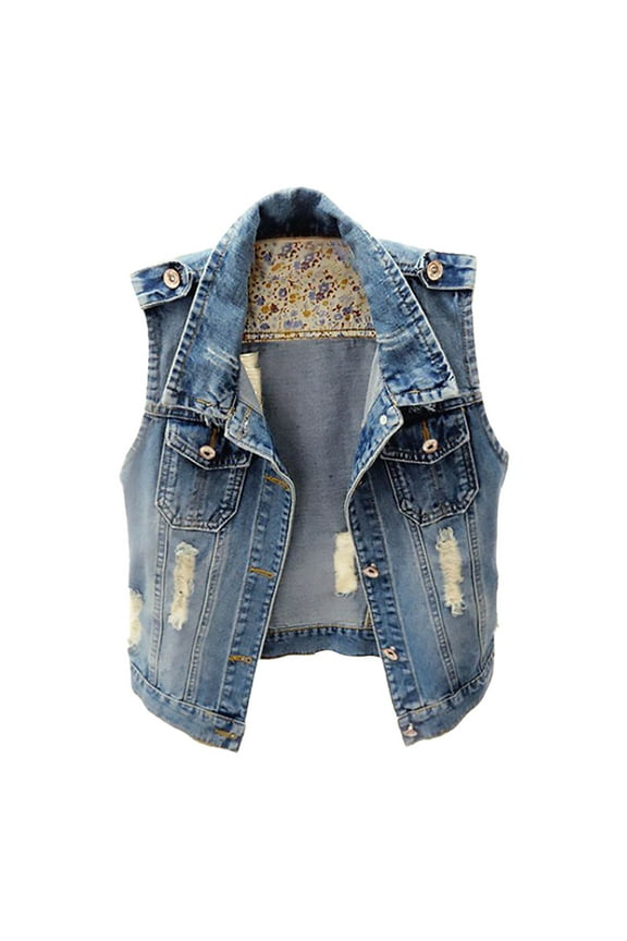 Womans Vest Womens Denim Jean Vest Classic Junior Button Up Cropped Distressed Sleeveless Jean Jacket Vest Top Plus Size Vest (Blue,XXL)