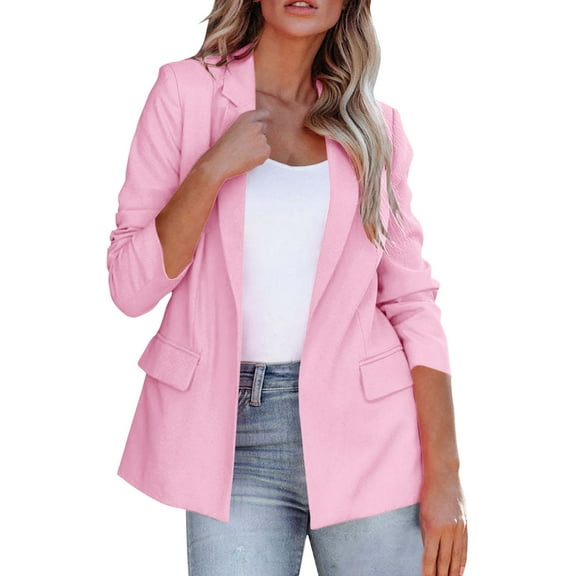 Xuemjiao Women Blazer Women Fashion Casual Solid Long Sleeve Open Front Notched Collar Suit Cardigan Ladies Jacket Coat Suits for Women Chaquetas De Mujer Elegantes (Pink,XXL)