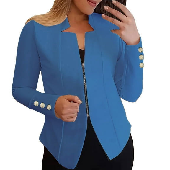 Xuemjiao Women Blazer Women's Autumn Solid Color Zippered Cuffs Button Suit Jacket Blazer Chaquetas De Mujer Elegantes (Dark Blue,XXXXXL)