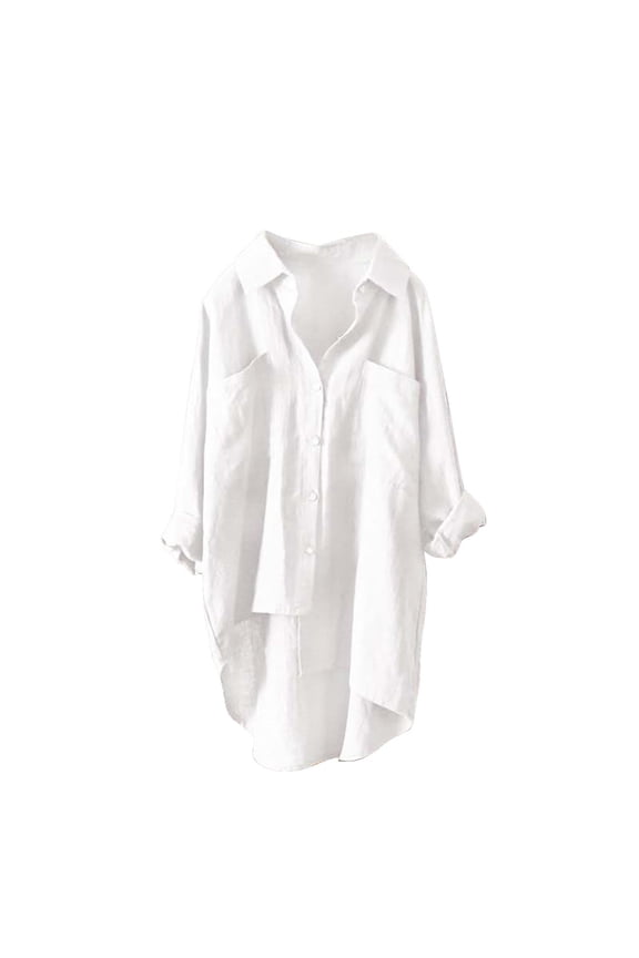Women's Button Down Shirt Women's Muslin Blouse Light Breathable Linen Shirt Tshirt Casual Fashion Linen Blouse Top Loose Solid Color Long Sleeve Cotton and Linen Tops (White,S)