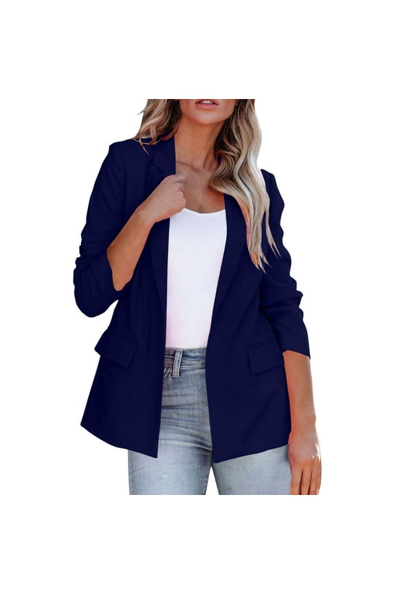 Womens Blazer Women Fashion Casual Solid Long Sleeve Open Front Notched Collar Suit Cardigan Ladies Jacket Coat Womens Blazers Dressy Casual Chaquetas De Mujer Elegantes (Navy Blue,XL)