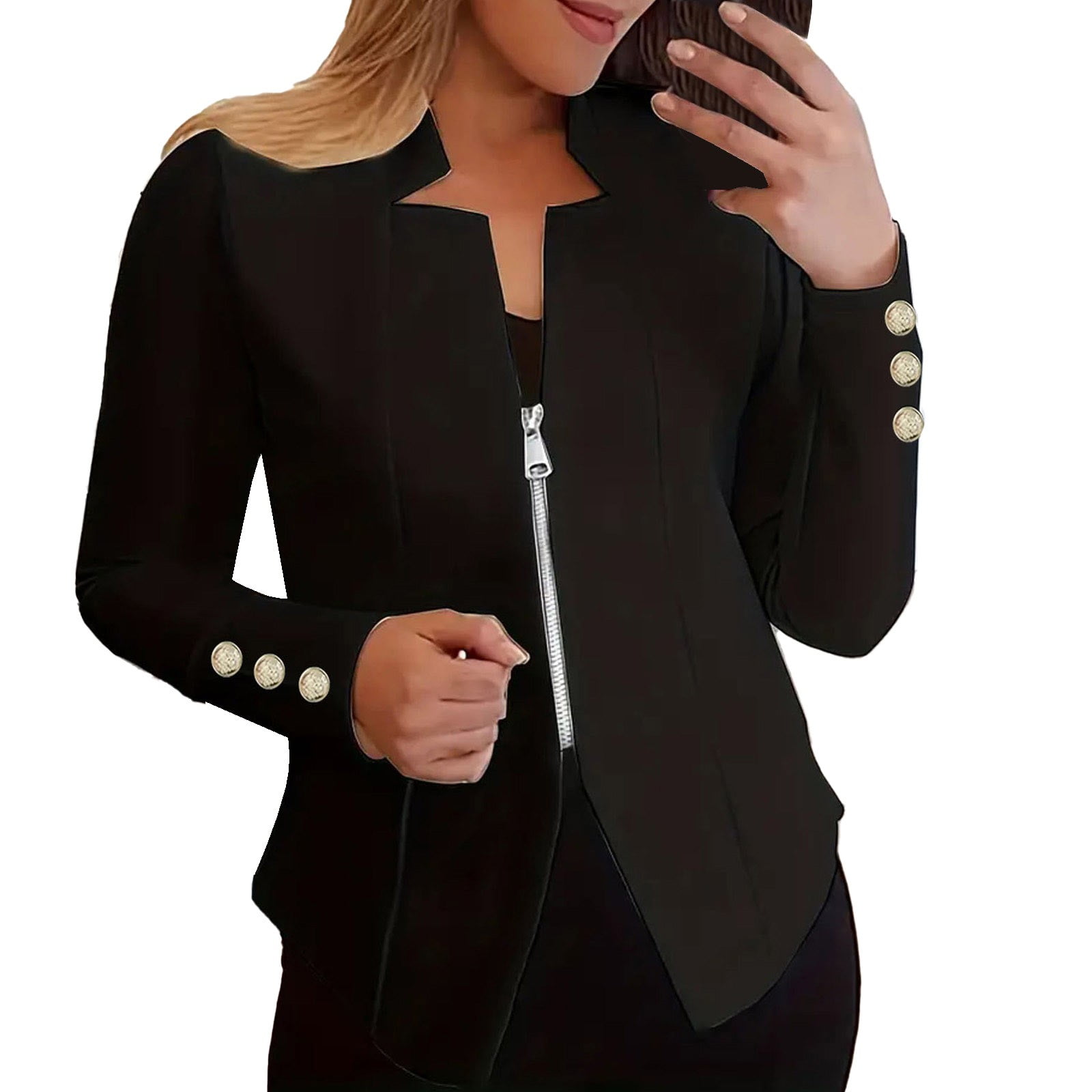 Womens Blazer Women's Autumn Solid Color Zippered Cuffs Button Suit Jacket Suits for Women Chaquetas De Mujer Elegantes (Black,XXXXL)