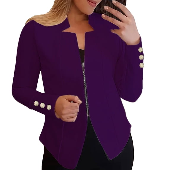 Xuemjiao Womens Blazers Women's Autumn Solid Color Zippered Cuffs Button Suit Jacket Blazer Chaquetas De Mujer Elegantes (Purple,S)